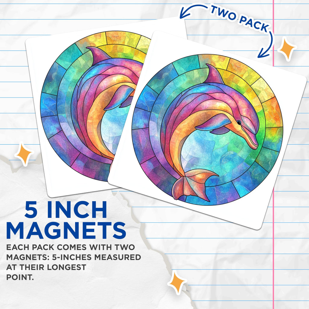 (2 Pack) Stained Glass Dolphin Magnets - Vibrant Ocean Decor - Marine Animal Art - 5 Inches On Longest Side - Thick Durable Magnet - Made in USA - MAG25083