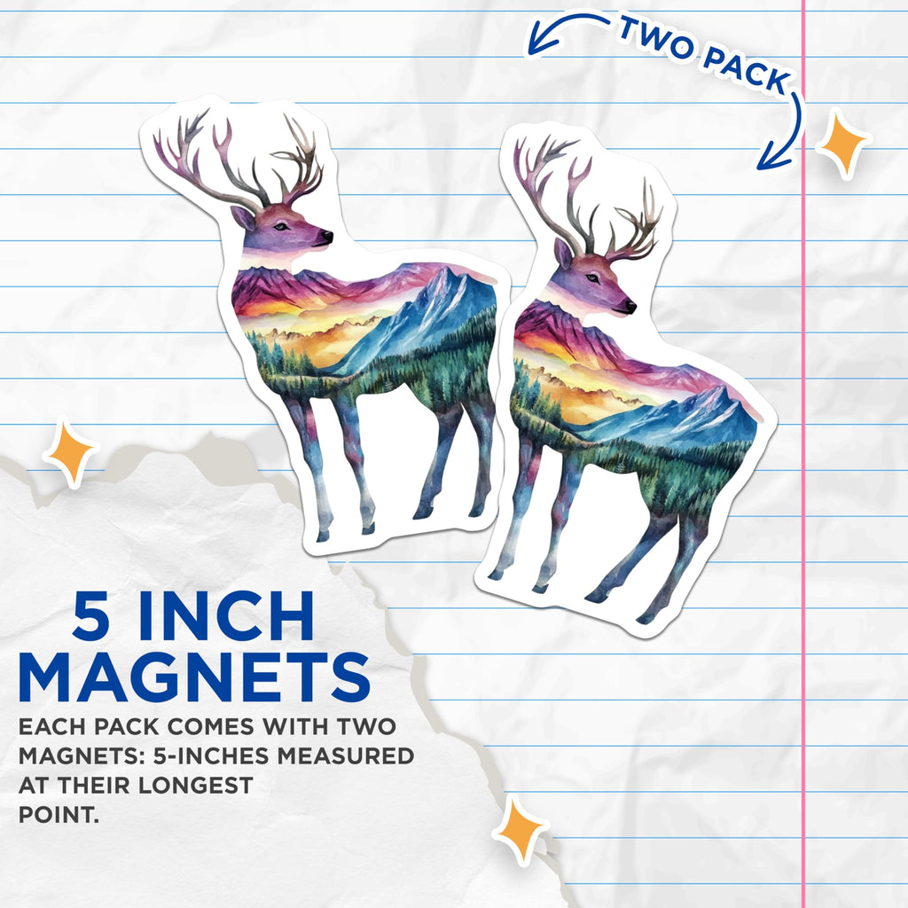 (2 Pack) Deer Landscape Magnets - Mountain Scene - Watercolor Antler Art Fridge Decals - 5" On Longest Side - Premium Magnet - for Cars, Refrigerators, Toolboxes, Lockers - Made in USA - MAG15695