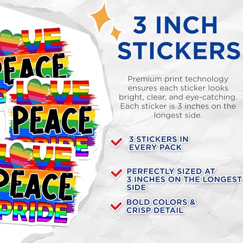 (3 Pack) Love Peace Pride Decals - LGBTQ Support Stickers - Rainbow Heart Laptop Decals - 3 Inches On Longest Side - Easy Peel & Apply - Made in USA - 3MCS7959