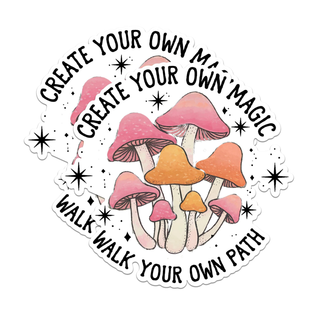 (2 Pack) Magic Mushroom Stickers - Motivational Quote Stickers - Create Your Own Magic and Walk Your Own Path Design - 5" On Longest Side - Sticks to Any Smooth Flat Surface - Made in USA - BMCS2571