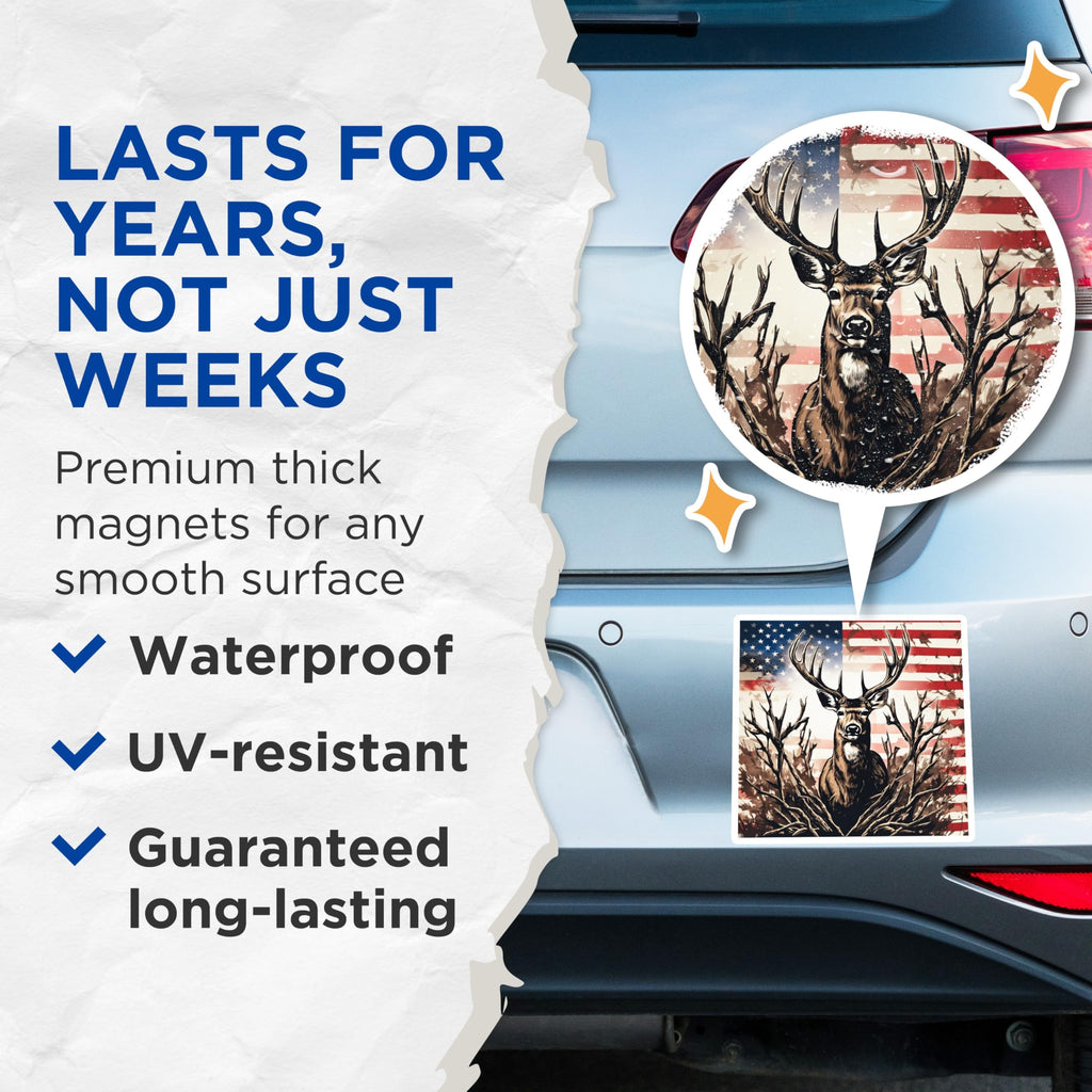 (2 Pack) Majestic Patriotic Deer Magnets - American Flag Background Wildlife Art - Rustic Hunter Lodge Cabin Decor - 5 Inches On Longest Side - Thick Durable Magnet - Made in USA - MAG19616