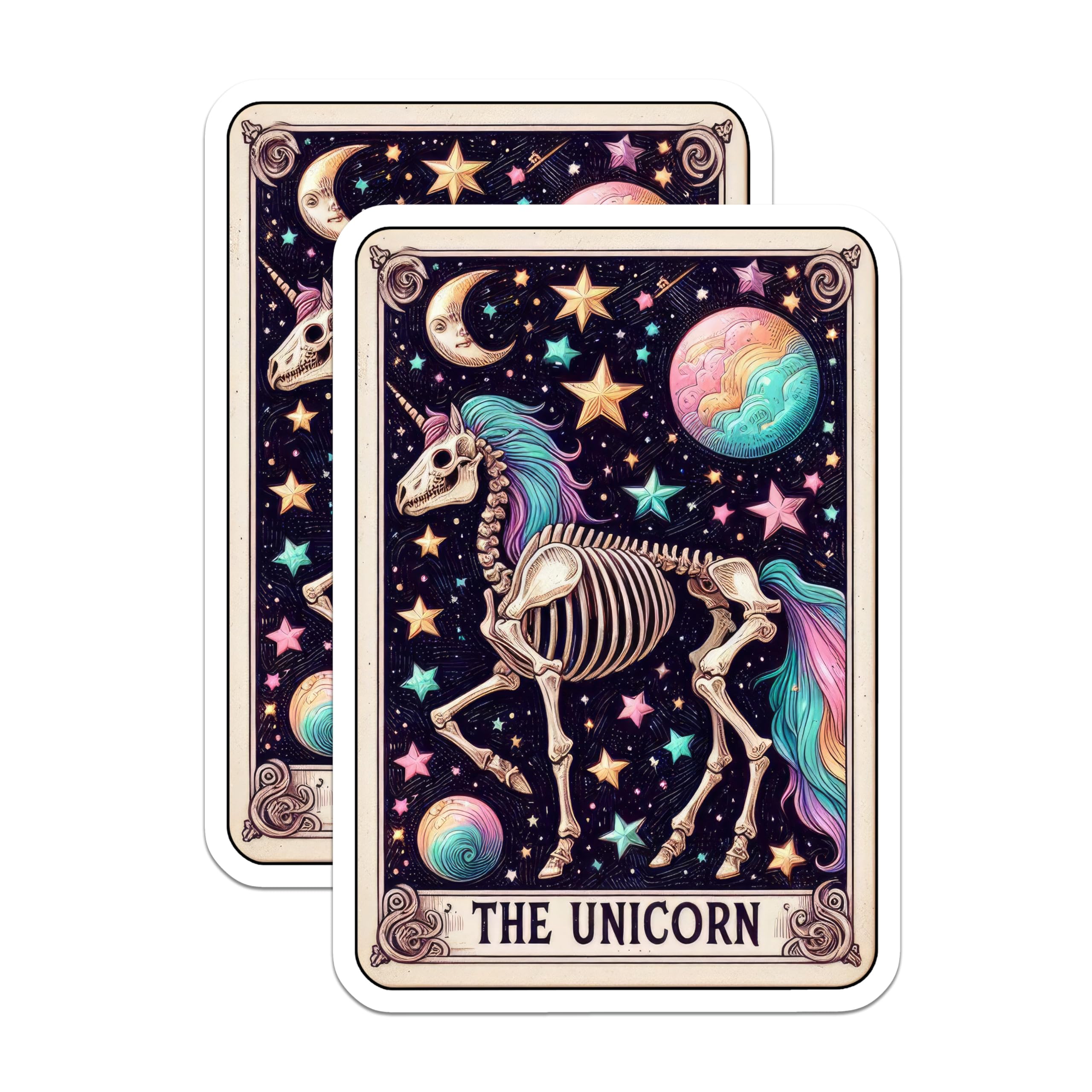 (2 Pack) Unicorn Skeleton Magnets - Mystic Tarot Card Art - Celestial Gothic Decor - Rainbow Mane Fantasy Creature Mythical - 5 Inches On Longest Side - Thick Durable Magnet - Made in USA - MAG20584