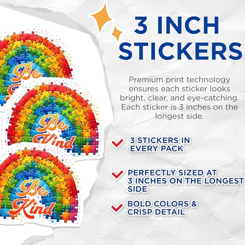(3 Pack) Be Kind Decals - Rainbow Puzzle - Positive Quote Laptop Decals - 3 Inches On Longest Side - Easy Peel & Apply - Made in USA - 3MCS6886