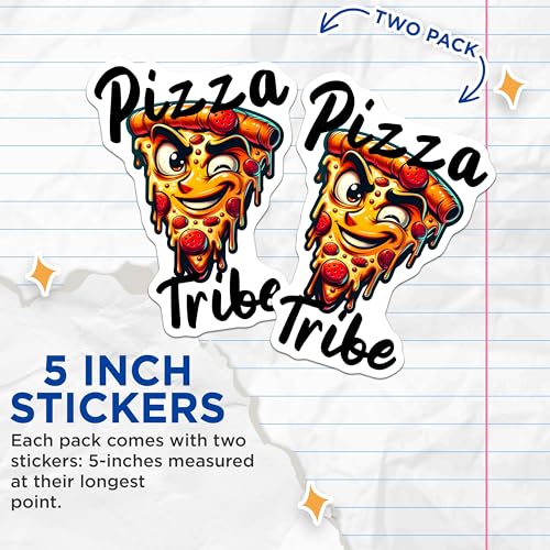 (2 Pack) Pizza Tribe Stickers - Funny Pizza Slice Face - Pizza Lover Decal - 5" On Longest Side - Sticks to Smooth Flat Surfaces - Made in USA - BMCS8784