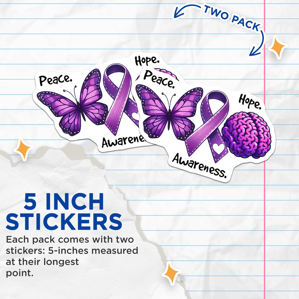 (2 Pack) Purple Awareness Stickers - Butterfly Ribbon Brain - Peace Hope Awareness Decal - 5" On Longest Side - Sticks to Smooth Flat Surfaces - Made in USA - BMCS9799
