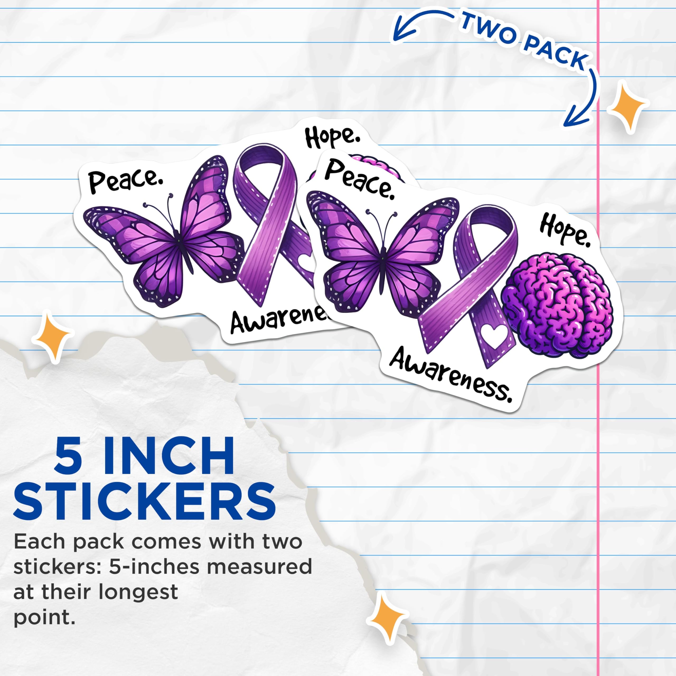 (2 Pack) Purple Awareness Stickers - Butterfly Ribbon Brain - Peace Hope Awareness Decal - 5" On Longest Side - Sticks to Smooth Flat Surfaces - Made in USA - BMCS9799