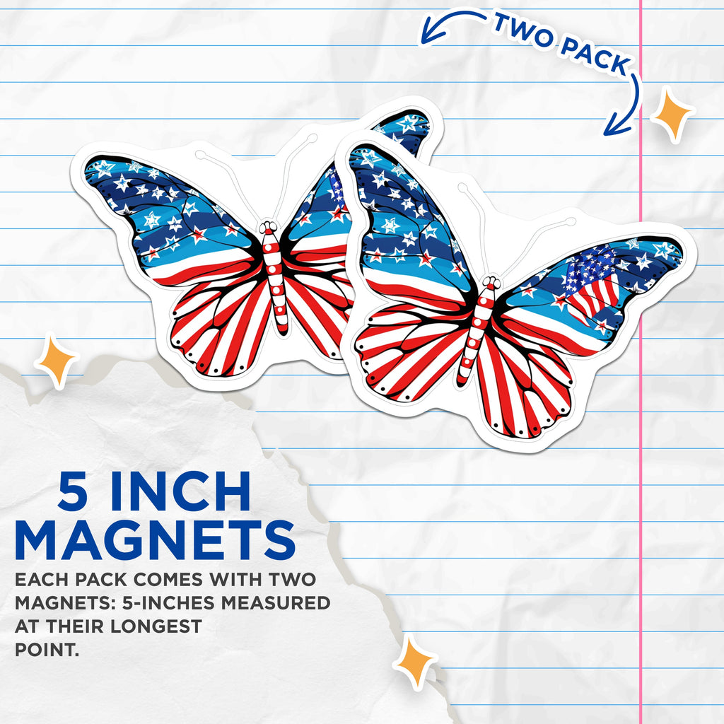 (2 Pack) American Flag Butterfly Magnets - Patriotic USA Decor - Fourth of July Fridge Car Decor - Military Veteran Support - 5" - Durable Magnet - Made in USA - MAG38221