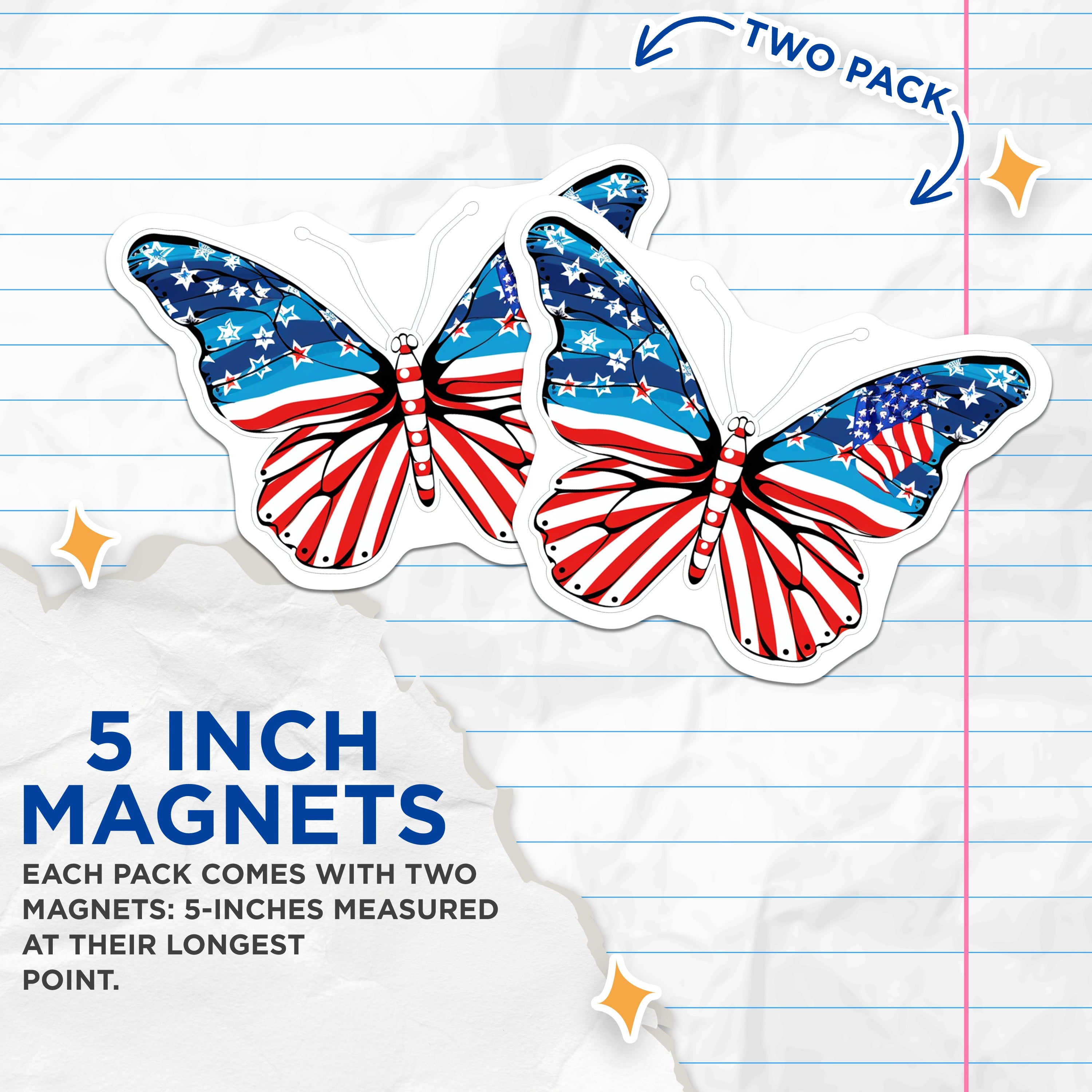 (2 Pack) American Flag Butterfly Magnets - Patriotic USA Decor - Fourth of July Fridge Car Decor - Military Veteran Support - 5" - Durable Magnet - Made in USA - MAG38221