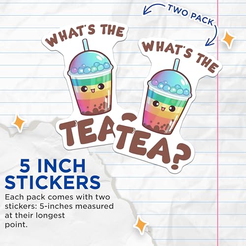 (2 Pack) Cute Boba Tea Stickers - Whats The Tea - Rainbow Bubble Tea - Kawaii Drink Funny Drink Decals - 5" On Longest Side - Sticks to Smooth Flat Surfaces - Made in USA - BMCS7747