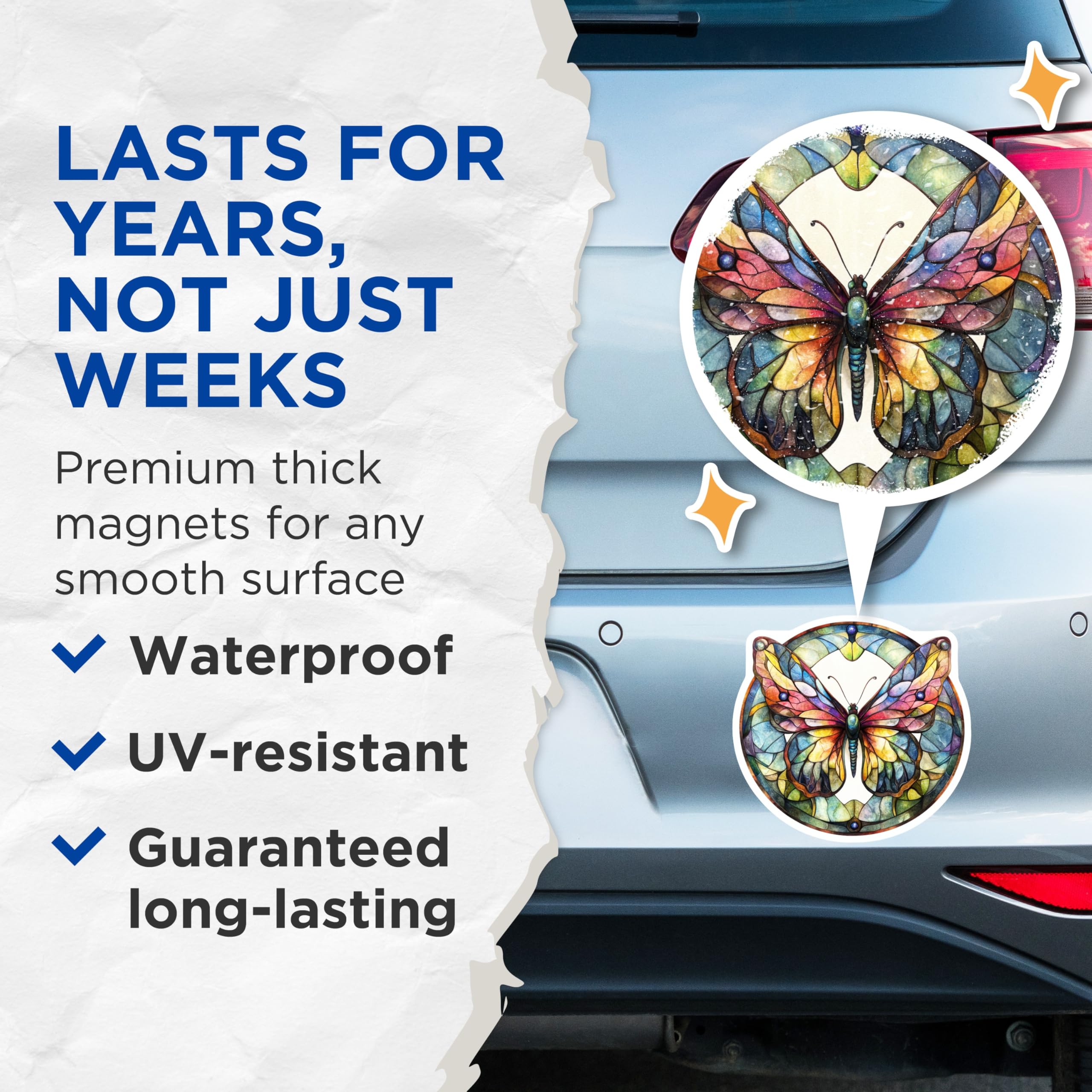 (2 Pack) Stained Glass Butterfly Magnets - Colorful Nature Decor - Bohemian Fridge Art - 5 Inches On Longest Side - Thick Durable Magnet - Made in USA - MAG27568