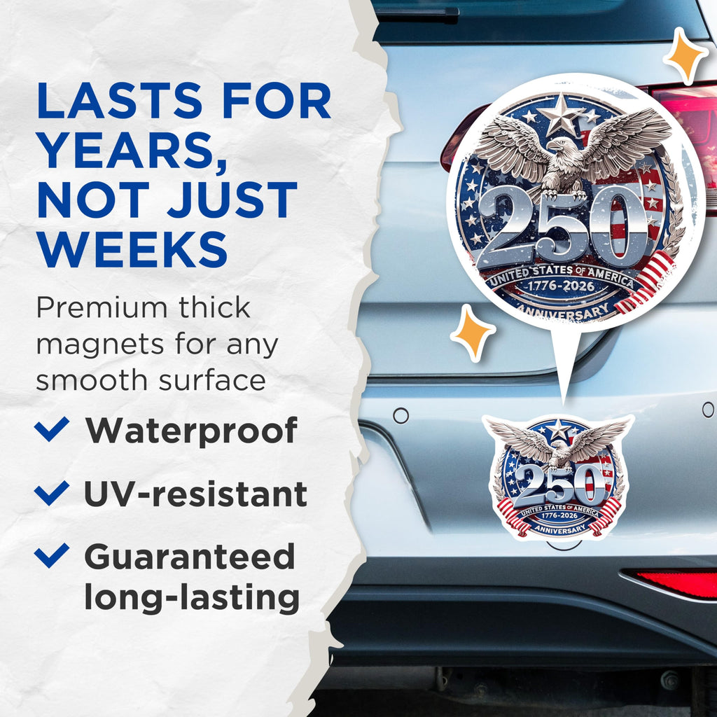 (2 Pack) USA 250th Anniversary Magnets - Patriotic Eagle Emblem - American Heritage Souvenir - 5 Inches On Longest Side - Thick Durable Magnet - Made in USA - MAG27612
