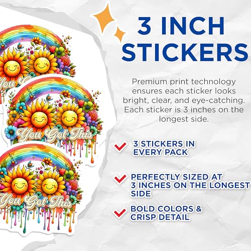 (3 Pack) You Got This Decals - Rainbow Sunflower Decal - Laptop Decals - 3 Inches On Longest Side - Easy Peel & Apply - Made in USA - 3MCS2003