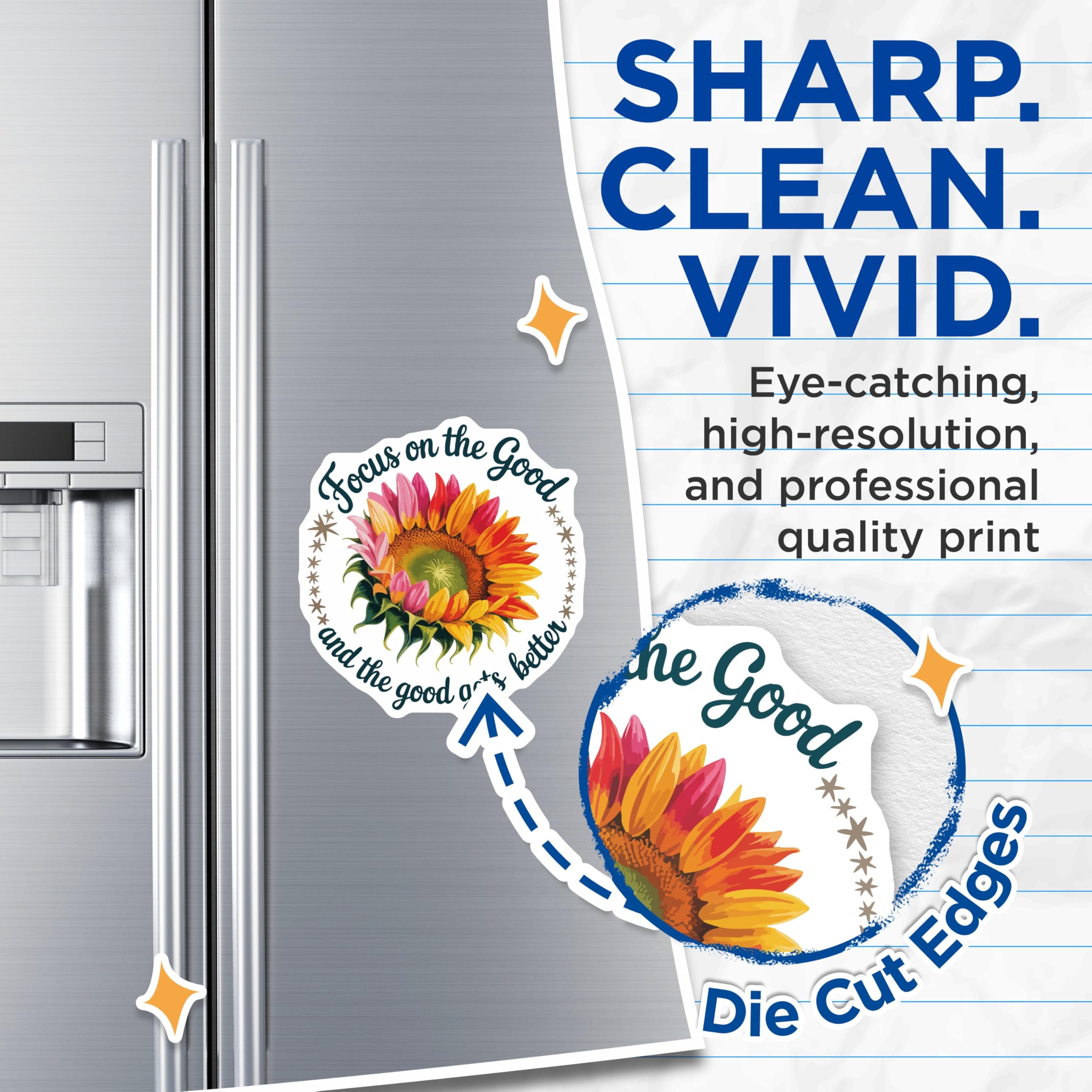 (2 Pack) Vibrant Sunflower Magnets - Focus on the Good Quote - Positive Affirmation Art - 5 Inches On Longest Side - Thick Durable Magnet - Made in USA - MAG21289