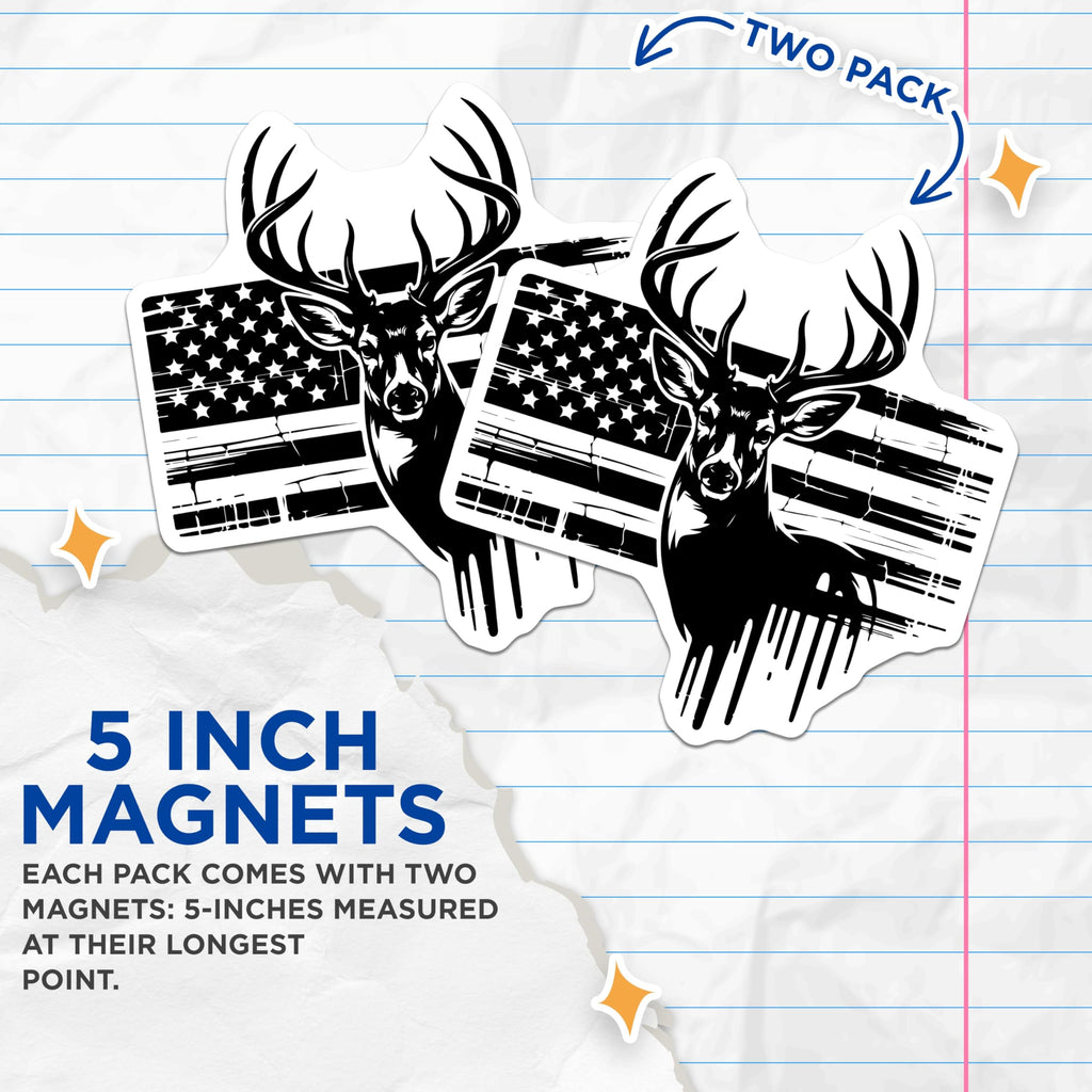 (2 Pack) American Flag Deer Magnets - Patriotic Buck Wildlife Decor - Hunter Emblem - Distressed Flag Design - 5 Inches On Longest Side - Thick Durable Magnet - Made in USA - MAG20308