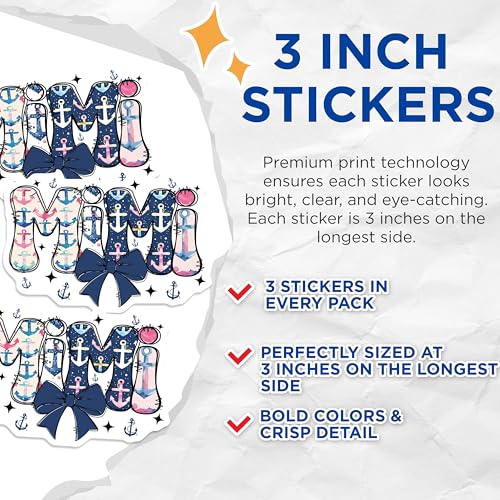 (3 Pack) Mimi Decals - Anchor Design Decals - Nautical Mimi Decal - 3 Inches On Longest Side - Easy Peel & Apply - Made in USA - 3MCS7767