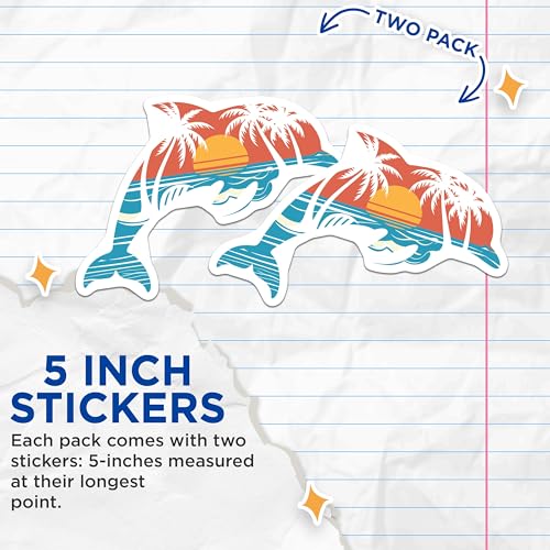 (2 Pack) Dolphin Beach Sunset Stickers - Tropical Beach Vacation Stickers - Ocean Animal Stickers - 5" On Longest Side - Sticks to Smooth Flat Surfaces - Made in USA - BMCS4869