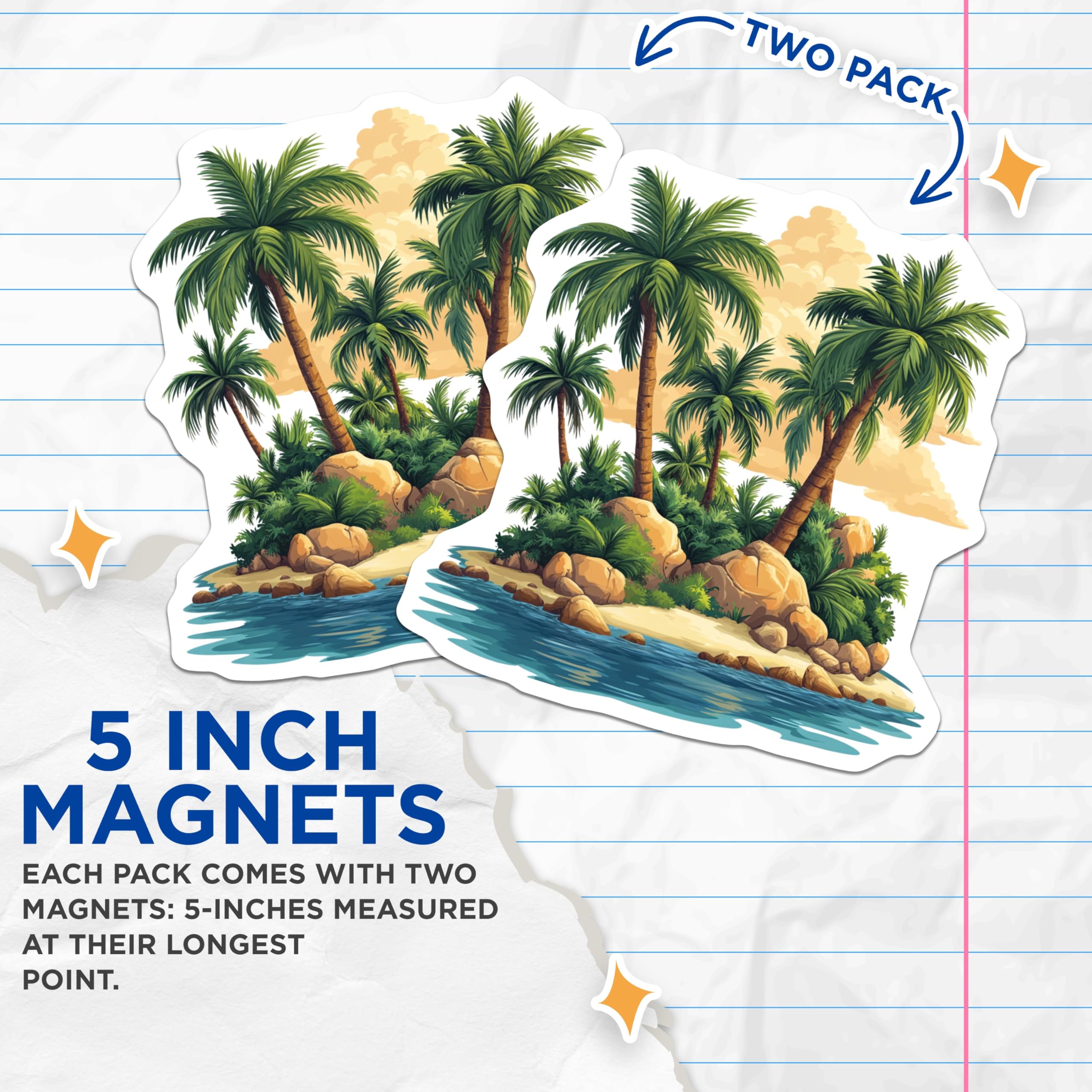 (2 Pack) Tropical Island Magnets - Palm Tree Beach Landscape - Vacation Paradise Refrigerator Decor - 5 Inches On Longest Side - Thick Durable Magnet - Made in USA - MAG29948
