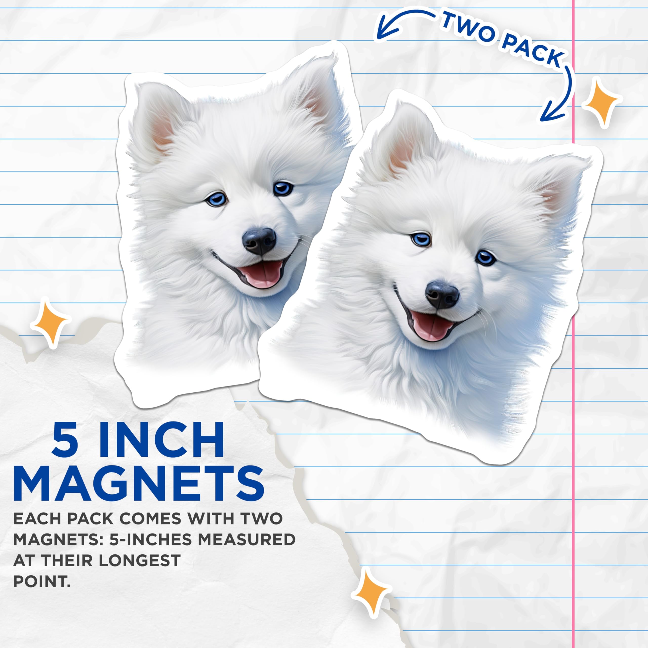 (2 Pack) Samoyed Puppy Magnets - Adorable Fluffy Dog Art - Dog Mom Fridge Accent - 5 Inches On Longest Side - Thick Durable Magnet - Made in USA - MAG25539