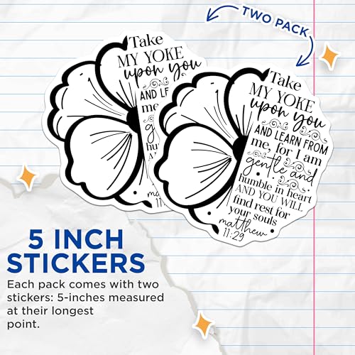 (2 Pack) Inspirational Bible Verse Stickers - Matthew 11:29 - Uplifting Christian Quotes Stickers - 5" On Longest Side - Sticks to Smooth Flat Surfaces - Made in USA - BMCS3847