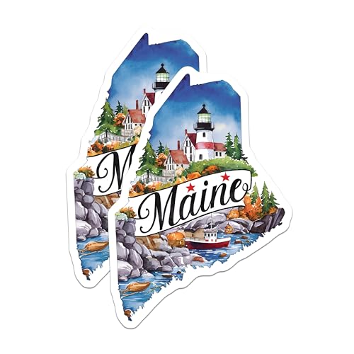 (2 Pack) Maine State Stickers - Lighthouse Sticker - Coastal Maine Decal - 5" On Longest Side - Sticks to Smooth Flat Surfaces - Made in USA - BMCS6270