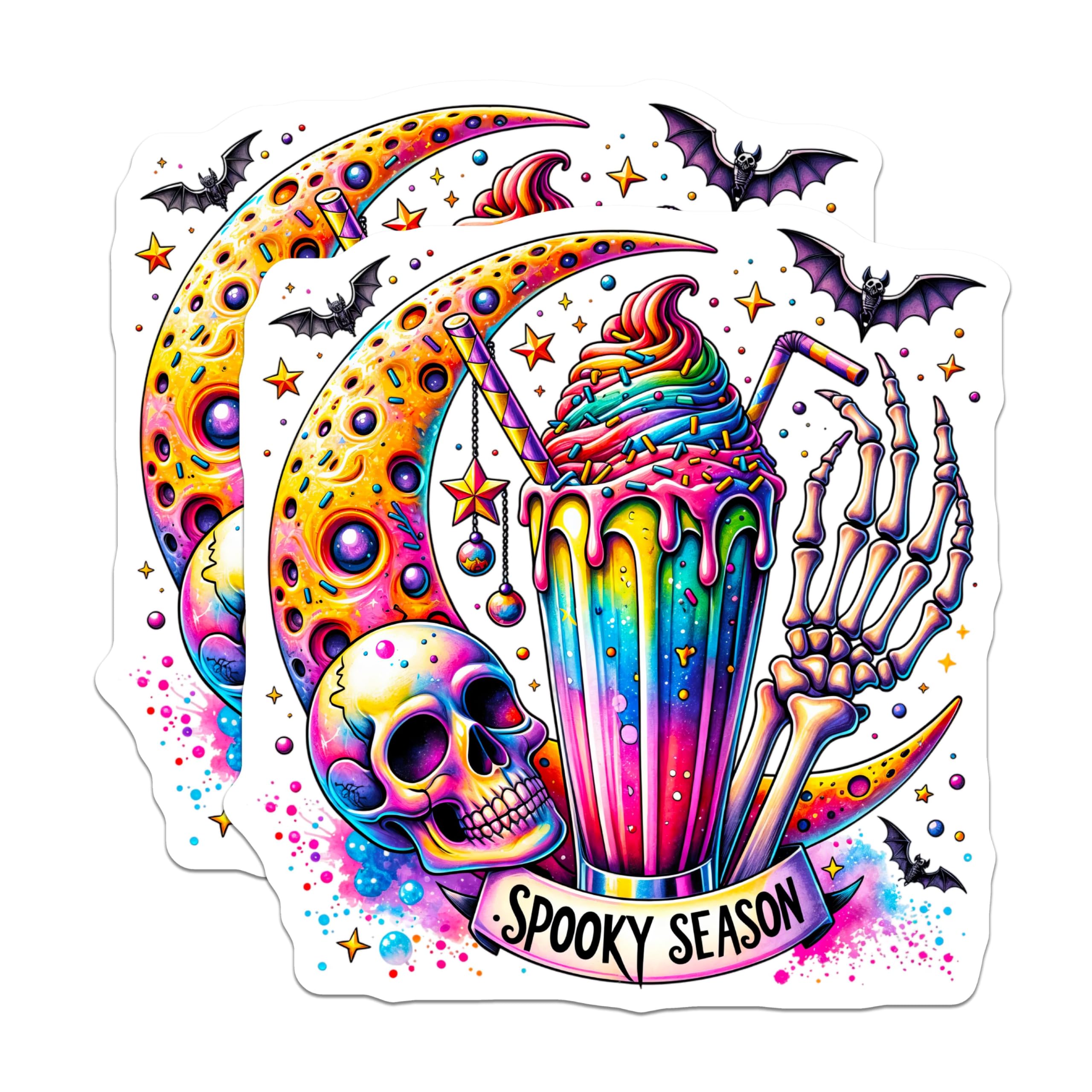 (2 Pack) Spooky Season Stickers - Halloween Skeleton Stickers - Creepy Skull and Bat Stickers - 5" On Longest Side - Sticks to Smooth Flat Surfaces - Made in USA - BMCS4682