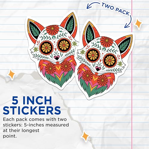 (2 Pack) Floral Fox Stickers - Colorful Animal Stickers - Artful Nature Stickers - 5" On Longest Side - Sticks to Smooth Flat Surfaces - Made in USA - BMCS9457