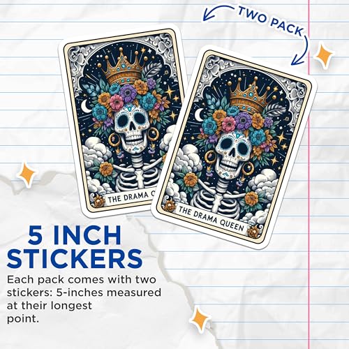 (2 Pack) Drama Queen Skull Stickers - Skull Flower Crown Stickers - Day of The Dead Stickers - 5" On Longest Side - Sticks to Smooth Flat Surfaces - Made in USA - BMCS4630