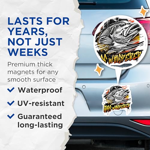 (2 Pack) Bass Whisperer Magnets - Funny Fishing Magnets - Angler's Decor Magnets - Cool Fish Design Magnets - 5" On Longest Side - for Cars, Refrigerators, Toolboxes, Lockers - Made in USA BMCS3358