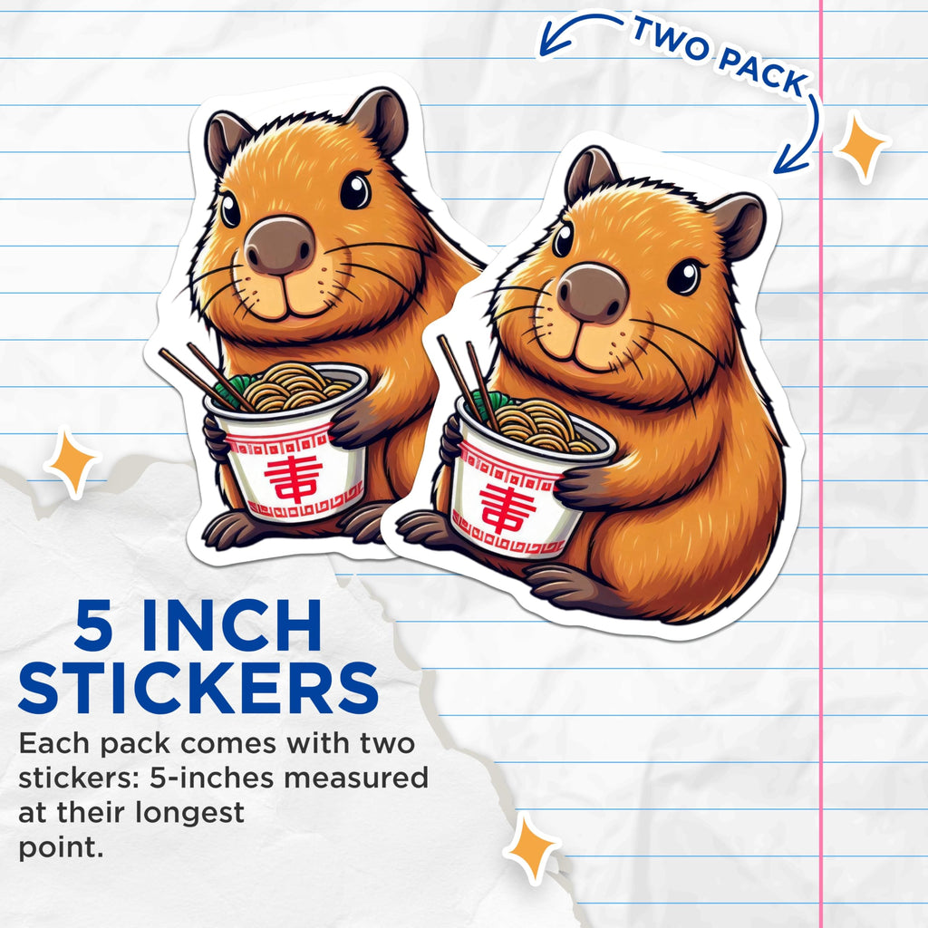 (2 Pack) Adorable Capybara Stickers - Cute Animal Art - Ramen Noodles Illustration - 5" On Longest Side - Sticks to Smooth Flat Surfaces - Made in USA - BMCS9922