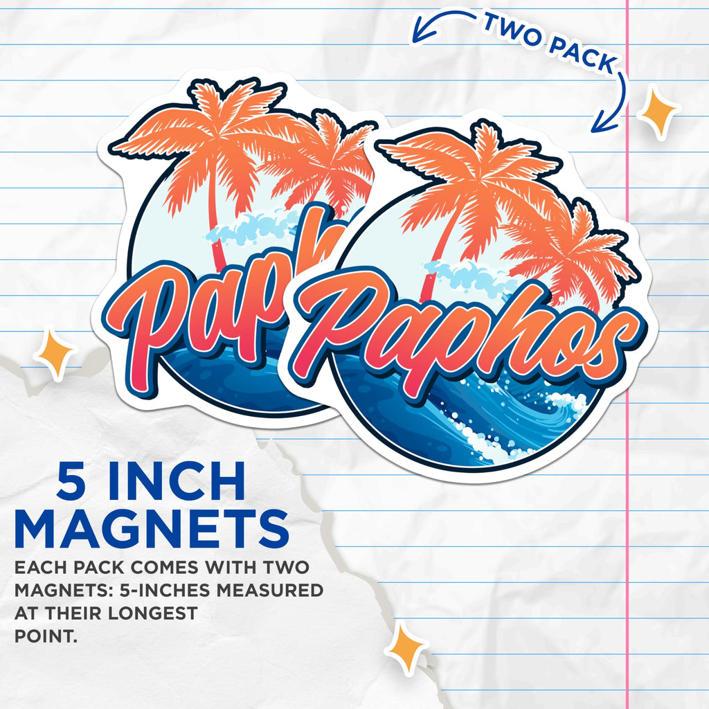 (2 Pack) Paphos Magnets - Cyprus Travel Souvenir Collectibles - Tropical Palm Tree Ocean Waves Fridge Decor - 5 Inches On Longest Side - Thick Durable Magnet - Made in USA - MAG19367