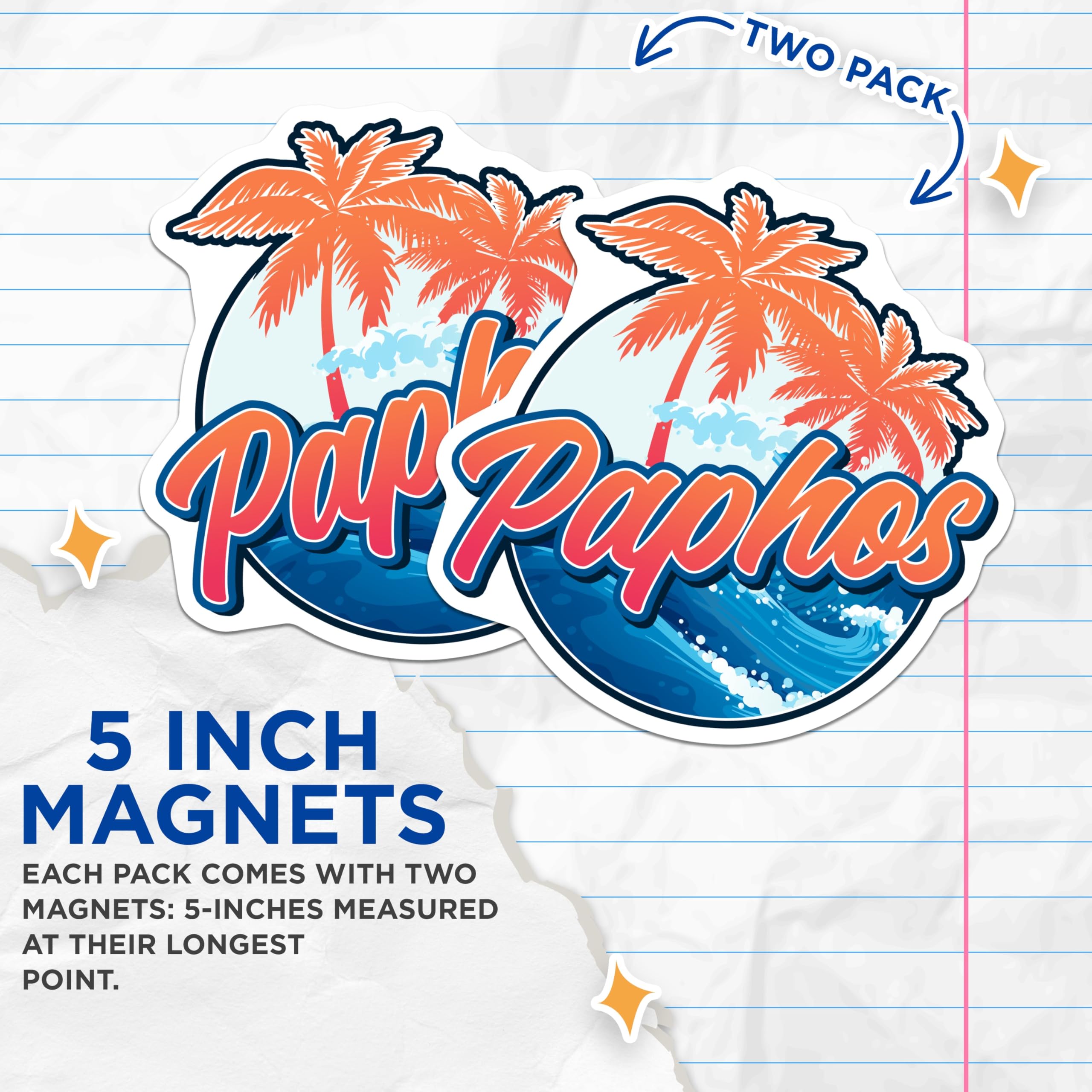 (2 Pack) Paphos Magnets - Cyprus Travel Souvenir Collectibles - Tropical Palm Tree Ocean Waves Fridge Decor - 5 Inches On Longest Side - Thick Durable Magnet - Made in USA - MAG19367