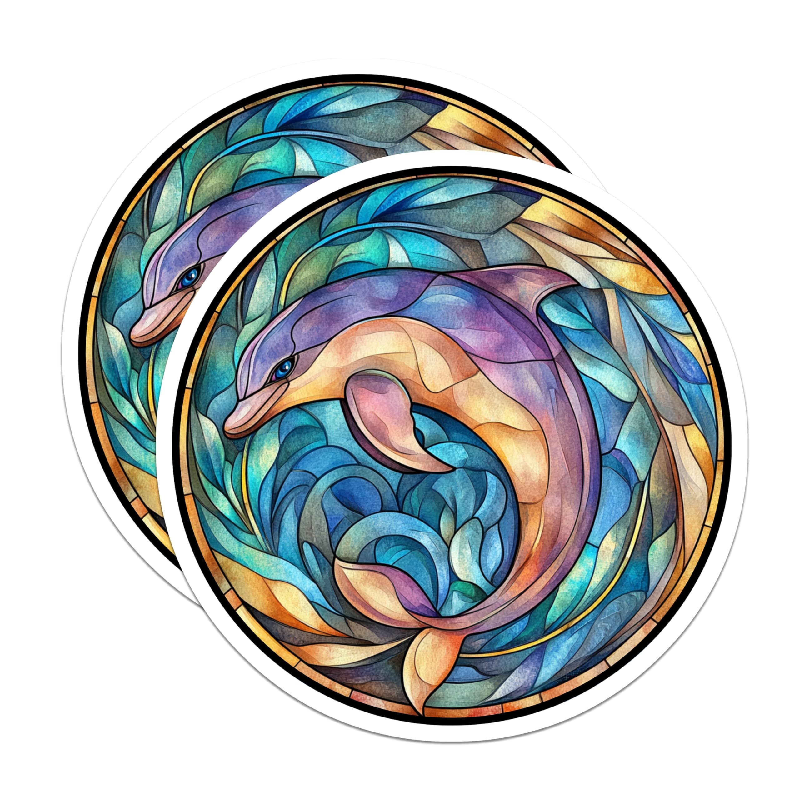 (2 Pack) Stained Glass Dolphin Magnets - Ocean Animal Decor - Marine Life Fridge Art - Vibrant Aquatic Mosaic Design - 5 Inches On Longest Side - Thick Durable Magnet - Made in USA - MAG28442