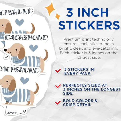 (3 Pack) Dachshund Decals - Weiner Dog Stickers - Cute Puppy Laptop Decal - 3 Inches On Longest Side - Easy Peel & Apply - Made in USA - 3MCS6061