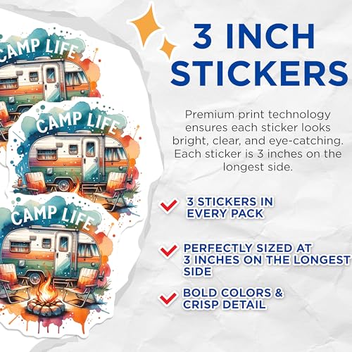 (3 Pack) Camp Life Decals - Camper Van Stickers - Bonfire Camping Art- 3 Inches On Longest Side - Easy Peel & Apply - Made in USA - 3MCS5605