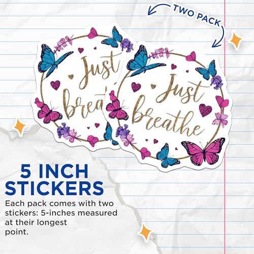 (2 Pack) Inspirational Stickers - Just Breathe Quote - Butterfly and Heart Designs - 5" On Longest Side - Sticks to Smooth Flat Surfaces - Made in USA - BMCS8935