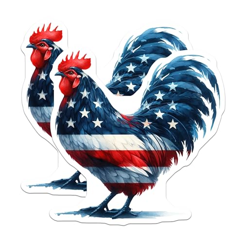 (2 Pack) Patriotic Rooster Stickers - American Flag Rooster - Farmhouse Decor Stickers - Country Pride Stickers - 5" On Longest Side - Sticks to Smooth Flat Surfaces - Made in USA - BMCS6558