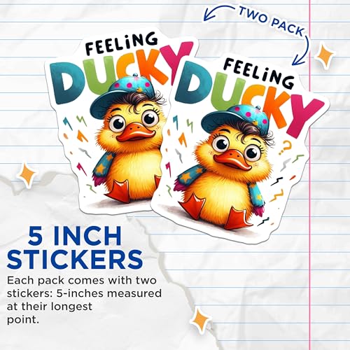 (2 Pack) Feeling Ducky Stickers - Cute Duck Cartoon - Colorful Animal Character - 5" On Longest Side - Sticks to Smooth Flat Surfaces - Made in USA - BMCS6359