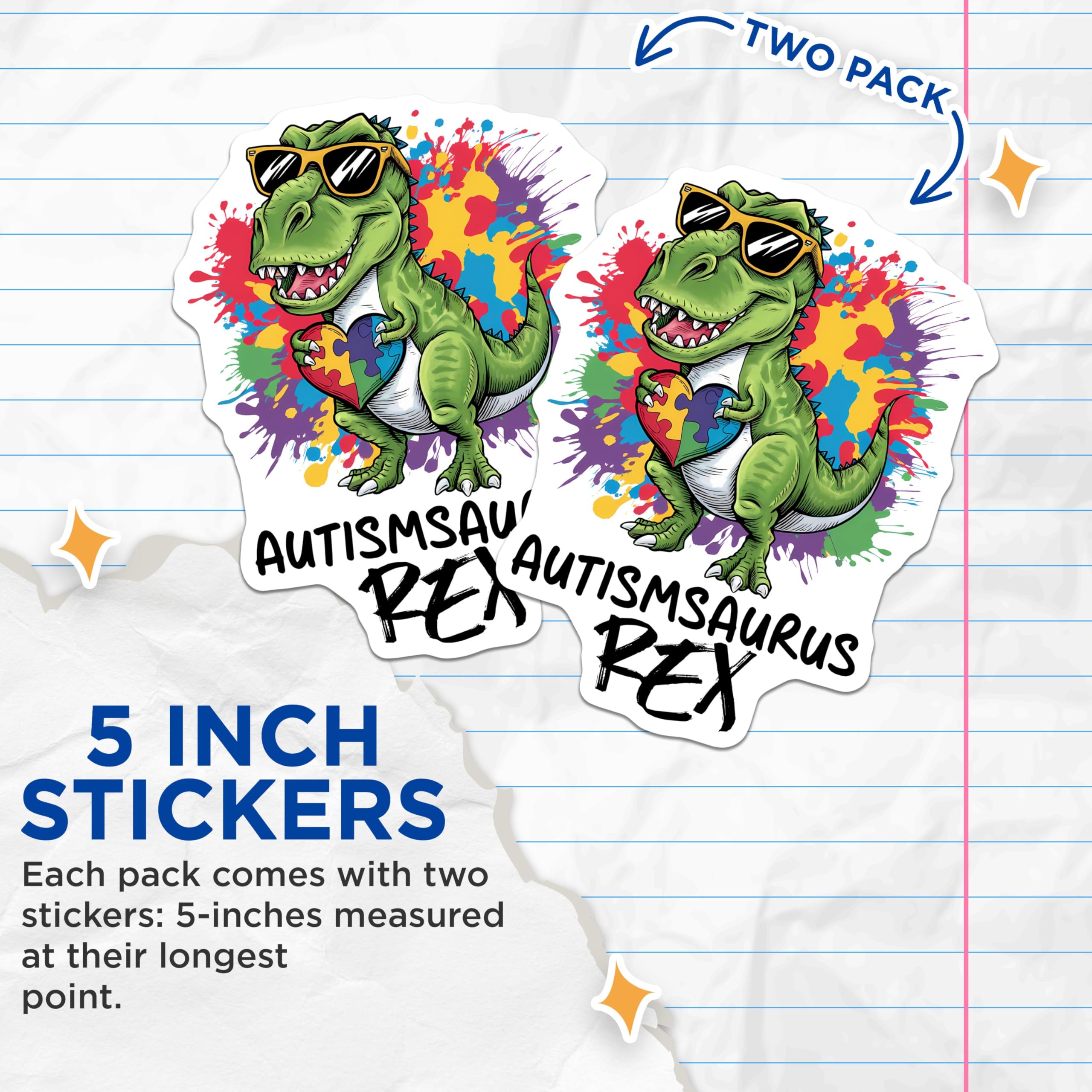 (2 Pack) Dinosaur Autism Awareness Stickers - Puzzle Piece Heart - Colorful Design - 5" On Longest Side - Sticks to Smooth Flat Surfaces - Made in USA - BMCS8421