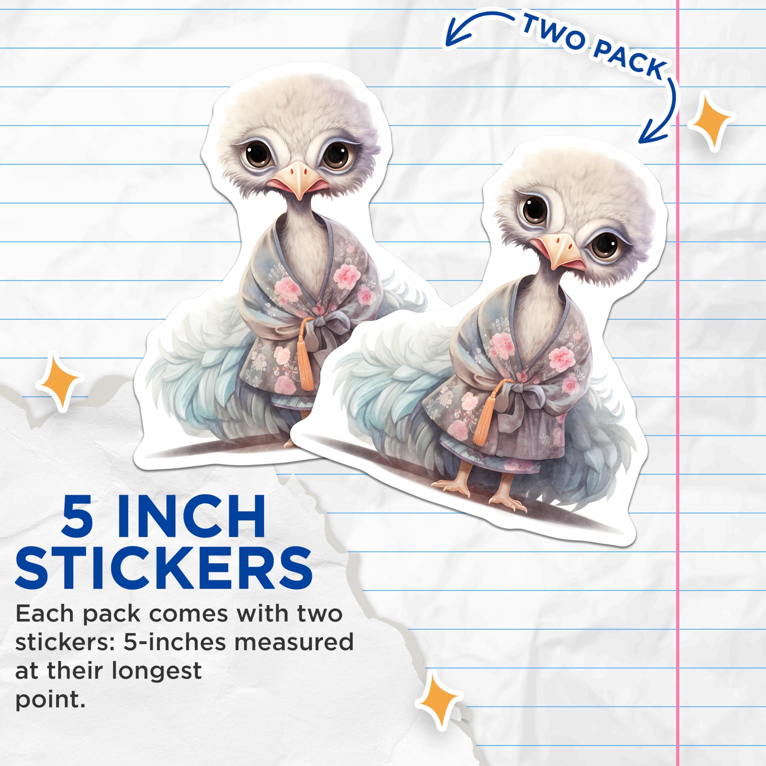 (2 Pack) Ostrich Stickers - Cute Bird Animal - Floral Kimono Sticker- 5" On Longest Side - Sticks to Smooth Flat Surfaces - Made in USA - BMCS16916