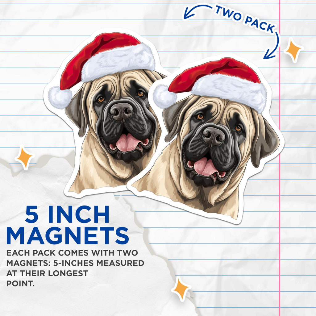 (2 Pack) English Mastiff Magnets - Santa Hat Dog Decor - Holiday Christmas Fridge Accents - Festive Pet Kennel Magnet - 5 Inches On Longest Side - Thick Durable Magnet - Made in USA - MAG29108