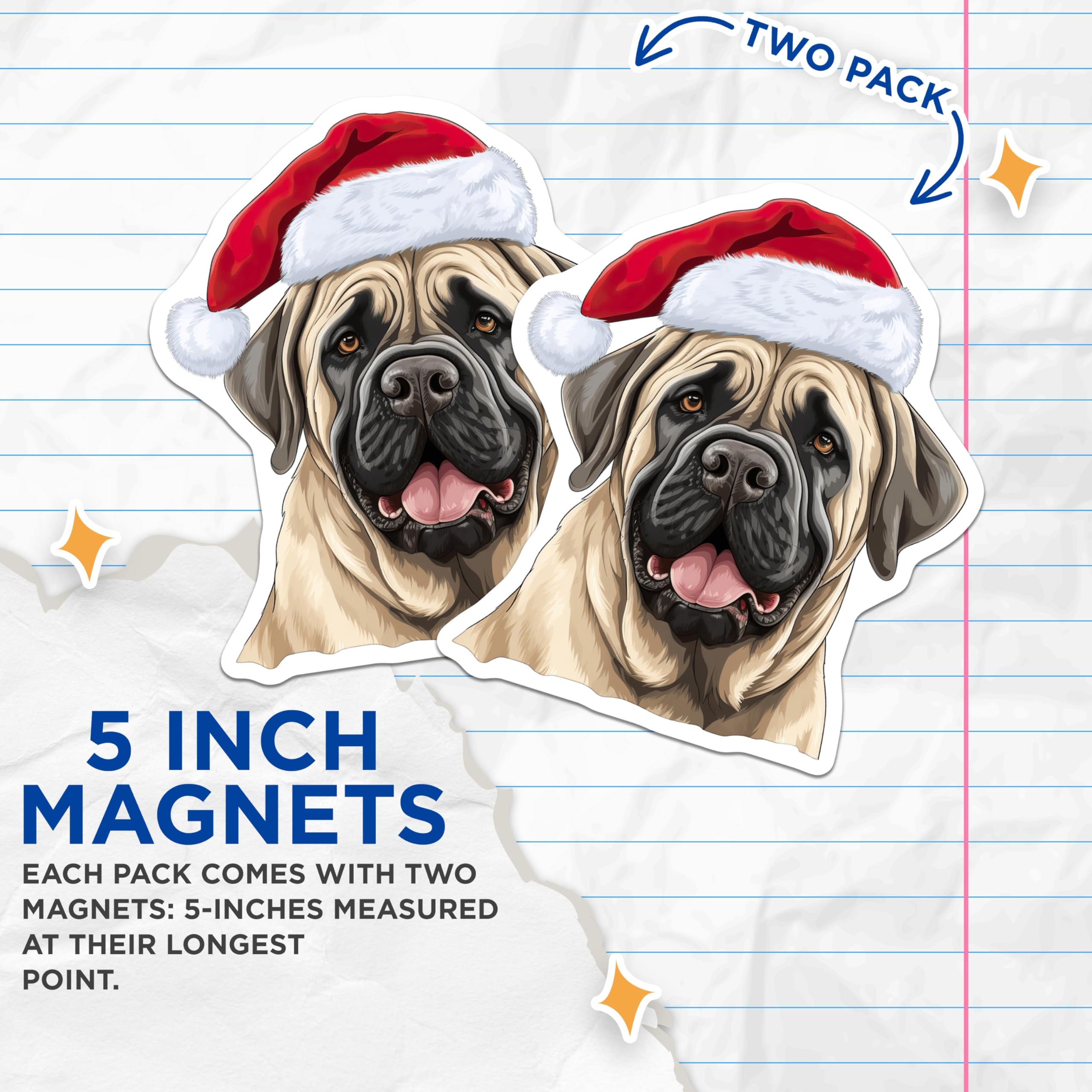 (2 Pack) English Mastiff Magnets - Santa Hat Dog Decor - Holiday Christmas Fridge Accents - Festive Pet Kennel Magnet - 5 Inches On Longest Side - Thick Durable Magnet - Made in USA - MAG29108