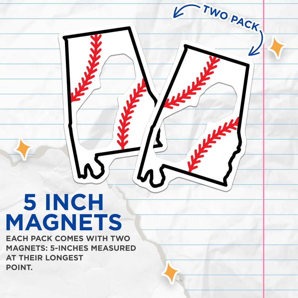 (2 Pack) Alabama Baseball Magnets - State Outline Sports Decor - Southern Home Fan Collection - Collegiate Game Day Accessory - 5 Inches On Longest Side - Thick Durable Magnet - Made in USA - MAG19462