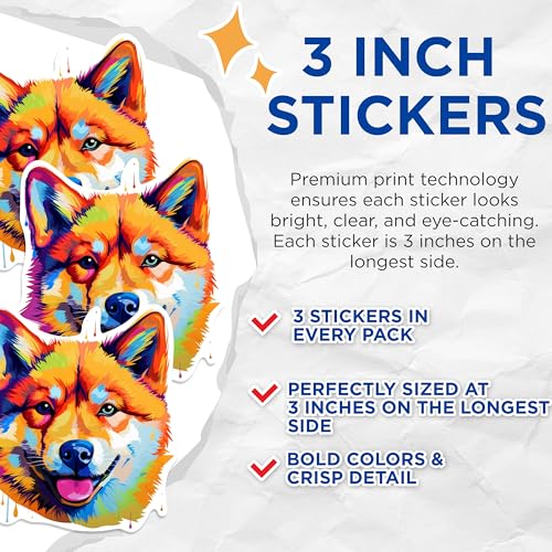 (3 Pack) Shiba Inu Decals - Colorful Dog Art - Laptop Decal - 3 Inches On Longest Side - Easy Peel & Apply - Made in USA - 3MCS0621