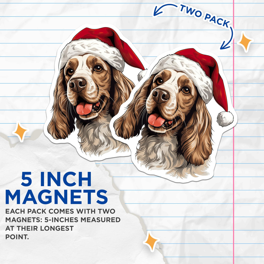 (2 Pack) Christmas Dog Magnets - Santa Hat Spaniel Pup - Holiday Pet Animal Decor - Festive Refrigerator Accessory - 5 Inches On Longest Side - Thick Durable Magnet - Made in USA - MAG26480