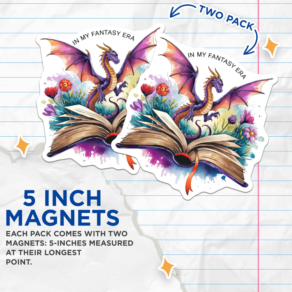 (2 Pack) in My Fantasy Era Magnets - Dragon Book Art - Whimsical Reader Decor - 5 Inches On Longest Side - Thick Durable Magnet - Made in USA - MAG22246
