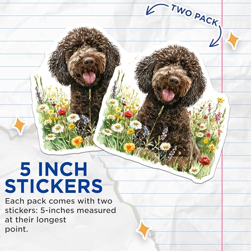 (2 Pack) Cute Dog Stickers - Happy Dog in Flowers - Dog Lover Decal Pack - 5" On Longest Side - Sticks to Smooth Flat Surfaces - Made in USA - BMCS6880