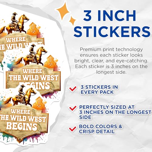 (3 Pack) Wild West Decals - Cowboy Horse Decals - Western Decor Sticker- 3 Inches On Longest Side - Easy Peel & Apply - Made in USA - 3MCS5400