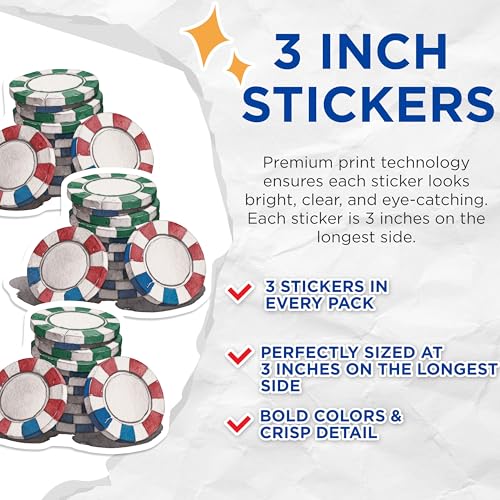 (3 Pack) Casino Chips Decals - Poker Night Decorations - Gambling Decals- 3 Inches On Longest Side - Easy Peel & Apply - Made in USA - 3MCS5371