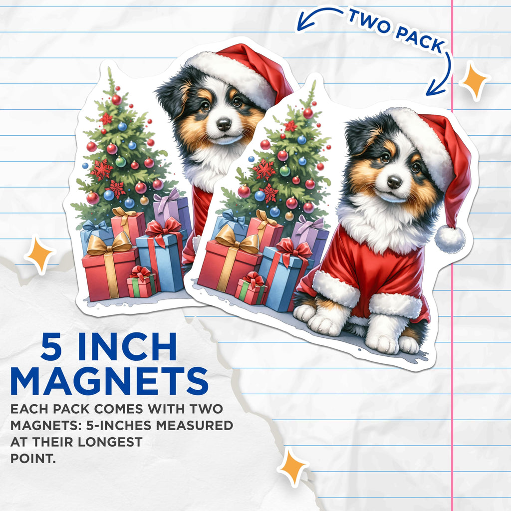 (2 Pack) Santa Puppy Magnets - Christmas Australian Shepherd Dog Decor - Festive Holiday Refrigerator Accessory - 5 Inches On Longest Side - Thick Durable Magnet - Made in USA - MAG28629