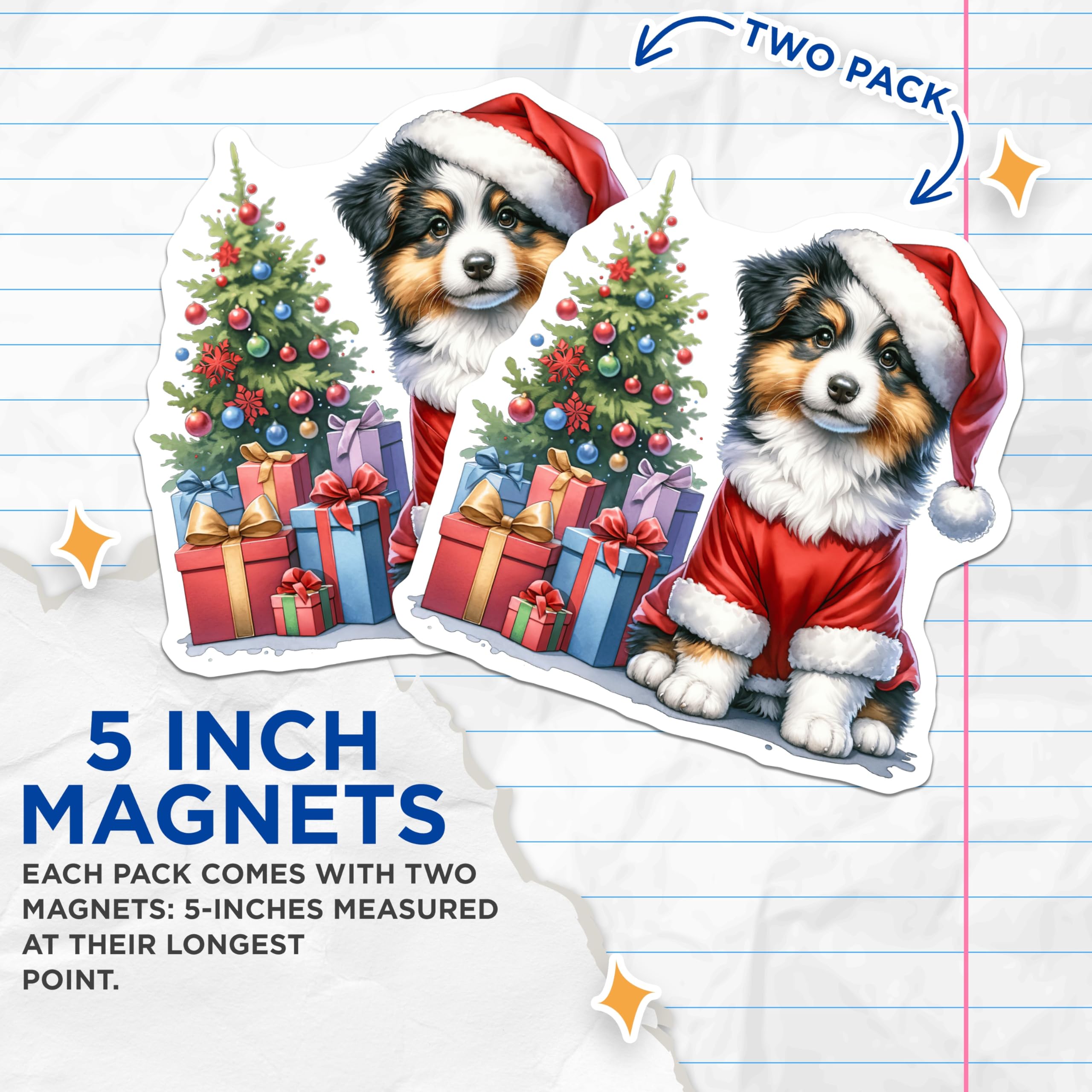 (2 Pack) Santa Puppy Magnets - Christmas Australian Shepherd Dog Decor - Festive Holiday Refrigerator Accessory - 5 Inches On Longest Side - Thick Durable Magnet - Made in USA - MAG28629